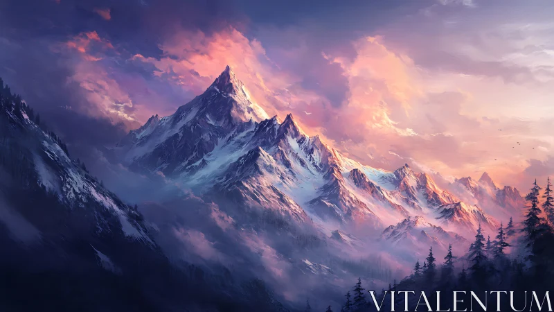 Digital painting of alpine peaks under radiant dusk sky.