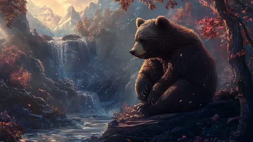 Solitary brown bear contemplating beside luminous forest falls
