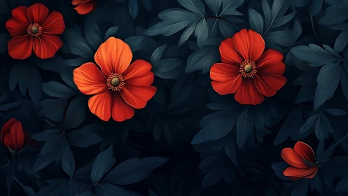 Vibrant Red Flowers Blooming Against Dark Teal Foliage