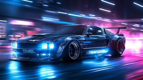 Neon-lit muscle car drifts through futuristic cyberpunk boulevard