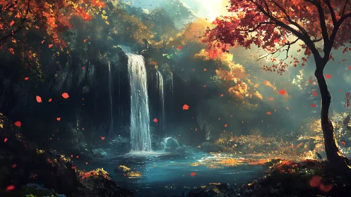 Digital painting of autumn waterfall glade with luminous foliage.