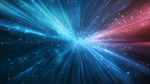 Cosmic light burst forms radiant blue and red energy field.