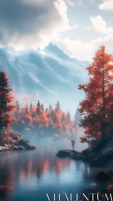Serene river beneath misty mountains and red autumn trees.