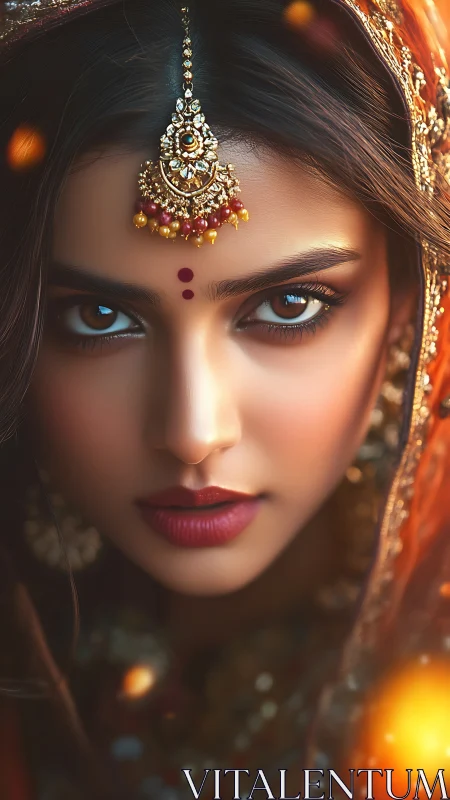 Blazing gaze of a jeweled bride wrapped in emberlight hush.