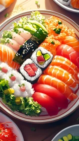 Chromatic sushi platter rendered with high-gloss digital lighting.