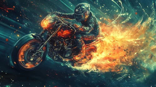 Motorcyclist riding through trailing flames at speed.