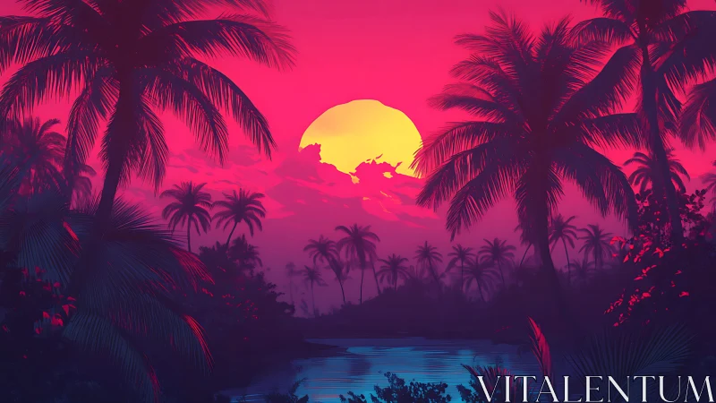 Sunset oasis glowing with dreamy neon tropical warmth.