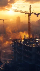 Sunlit cranes scripting a smoky city skyline in ember haze.