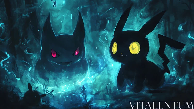 Haunted forest creatures glow amid eerie neon blue mist.