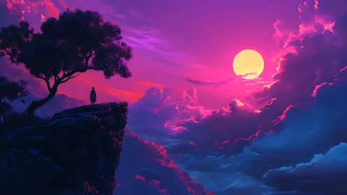 Solitary figure on cliff at neon magenta sunset over clouds