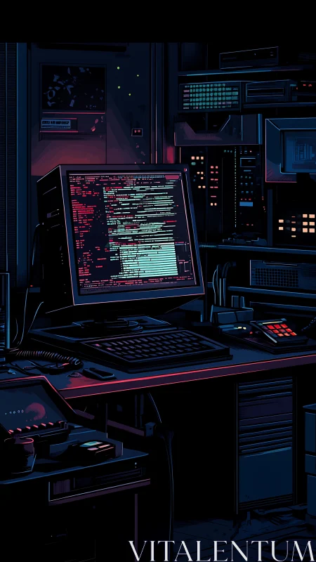 Cyberpunk terminal with glowing source code in dark lab.