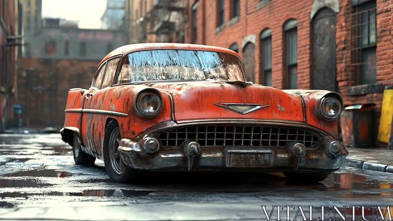 Rust-bright classic chews rainlight in a lonely brick alley