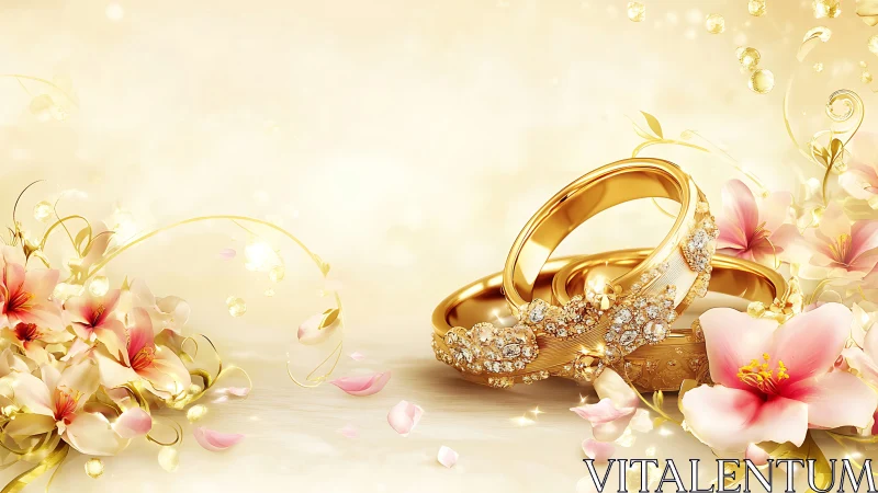 Gold wedding rings with pink flowers on soft cream background.