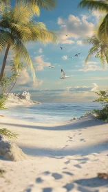 Palmed Paradise: Seabirds Dance Above Untouched Shores.