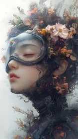 Female cyborg portrait with floral biomechanical helmet.