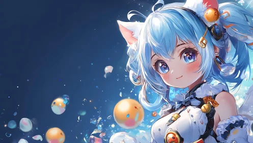Blue haired catgirl in space with floating orbs portrait