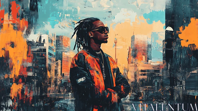 Urban portrait of man in jacket amid abstract cityscape.