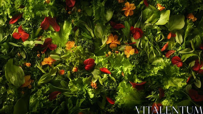 Mixed green leaves and flowers form dense overhead foliage