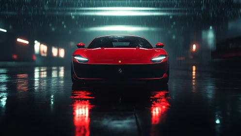 Red supercar under neon rain in cinematic low key lighting.