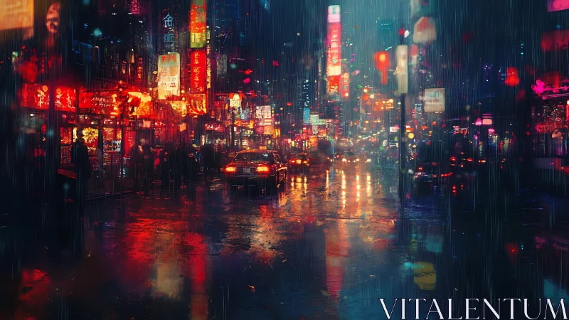 Rain-soaked neon city street scene is observed at night