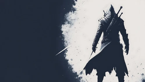 Cloaked swordsman strides through fractured midnight light.