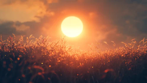 Sun-drenched meadow glows beneath a molten evening sky.