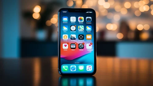 iPhone Home Screen Displaying Colorful App Icons Against Bokeh Background.