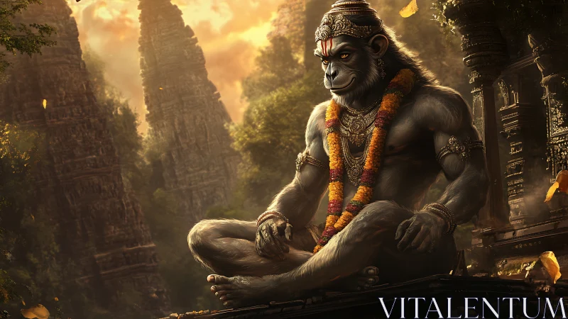 Divine monkey warrior meditates amid ancient jungle temples.