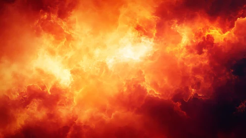 Fiery Sky Burst. Intense orange and red clouds radiating from bright center.