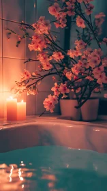 Candlelit petals hovering over a dusk-blue bathtub haven.