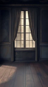 Muted light through classic window within empty salon.