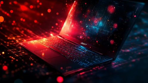 Neon-lit laptop streaming digital constellations of data.