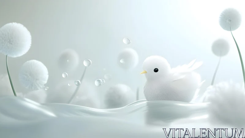 Fluffy White Bird in Dreamy Minimalist Landscape with Dandelions.