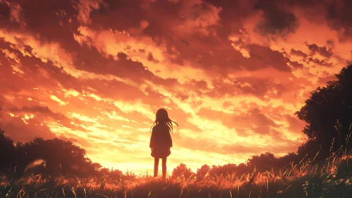 Soft evening sky welcomes a lone girl into glowing light
