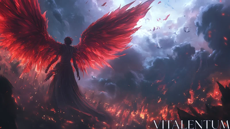 Radiant crimson seraph over storm-lit burning horizon.