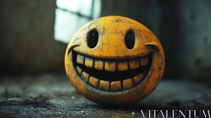 Grinning ruin-smile sphere in a moody, abandoned corner.