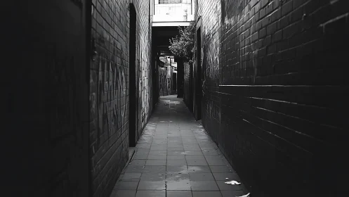 Narrow graffiti alleyway fades into distant city light.