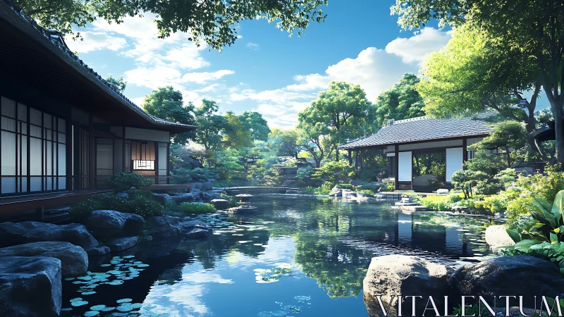 Serene Japanese garden courtyard with reflective koi pond.