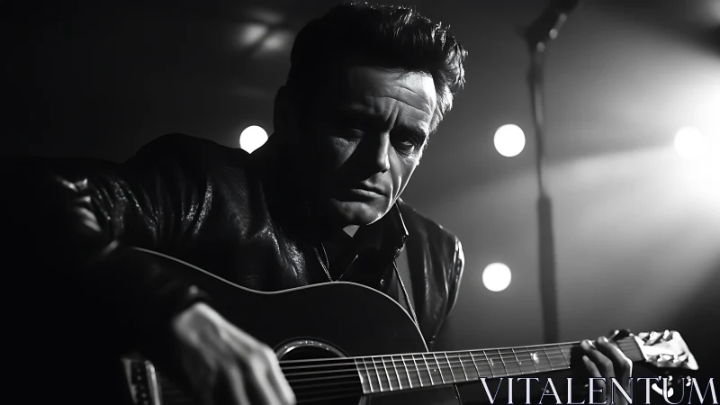 Monochrome close-up of guitarist on dimly lit concert stage