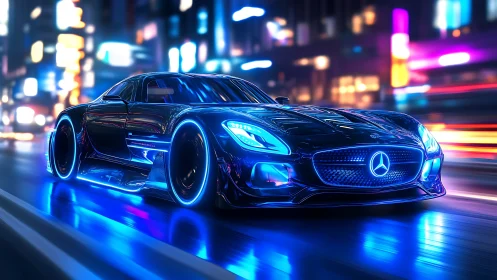Cyberpunk neon Mercedes GT in dynamic night streetscape.