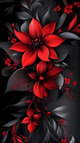 Volumetric Digital Florals: Red Petaled Forms Against Monochromatic Depths.