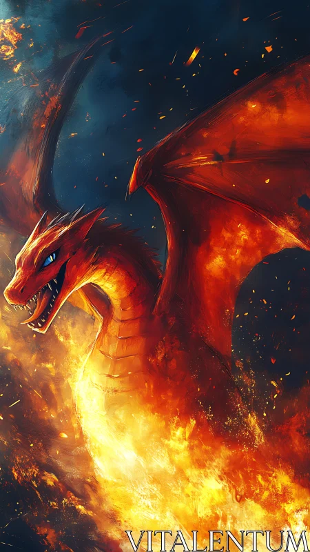 Inferno-winged dragon erupts from a storm of molten dawn.