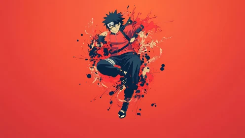 Scarlet splash whirlwinds around a leaping ninja silhouette