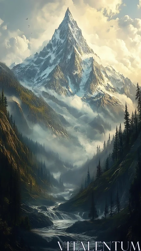 Vertical alpine massif with atmospheric perspective and dynamic water flow