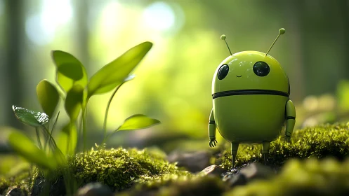 Playful green robot explorer in sunlit forest clearing.