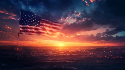 Stars and stripes drift into a cosmic ocean sunrise