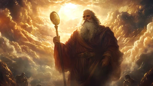 Elderly robed figure with staff amid glowing storm clouds.