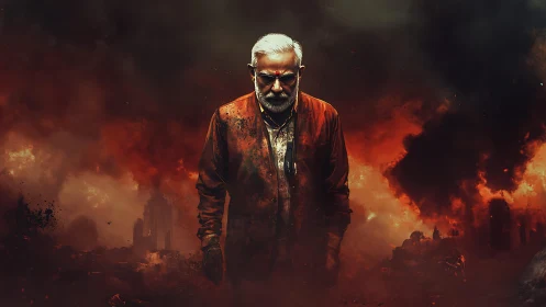 Stoic elder stands amid fiery apocalyptic ruins in silence.