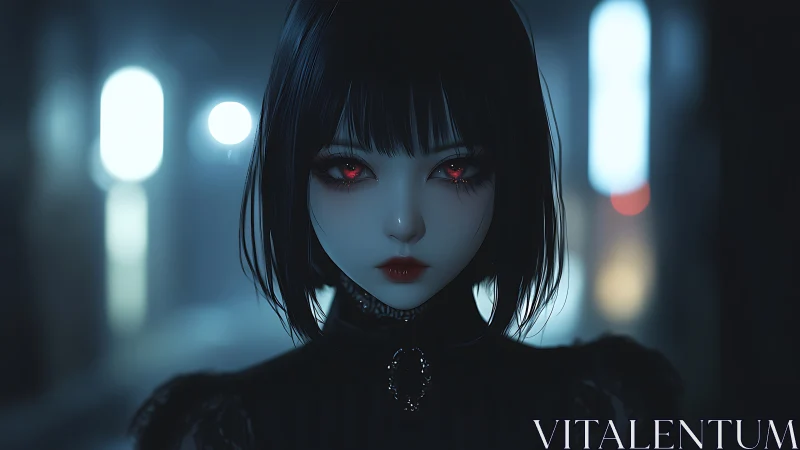 Mysterious red-eyed girl in a softly glowing night alley.