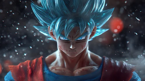 Blue-flared warrior ignites a storm of unyielding fury.